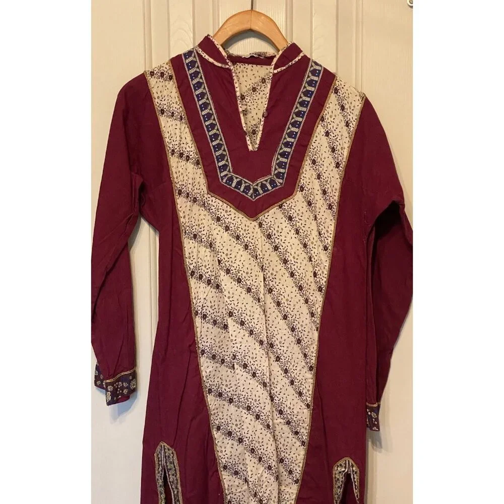 Women's M Maroon Long Sleeve Cotton Pakistani Indian Style Dress Punjabi Party - Picture 3 of 13